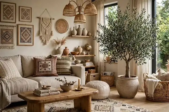 Boho-style solid mango-wood bookshelf with arched openings, carved jali and woven cane, handcrafted in Jodhpur, India