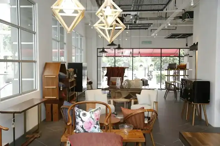 Brass and wood console, bar cart and dining furniture