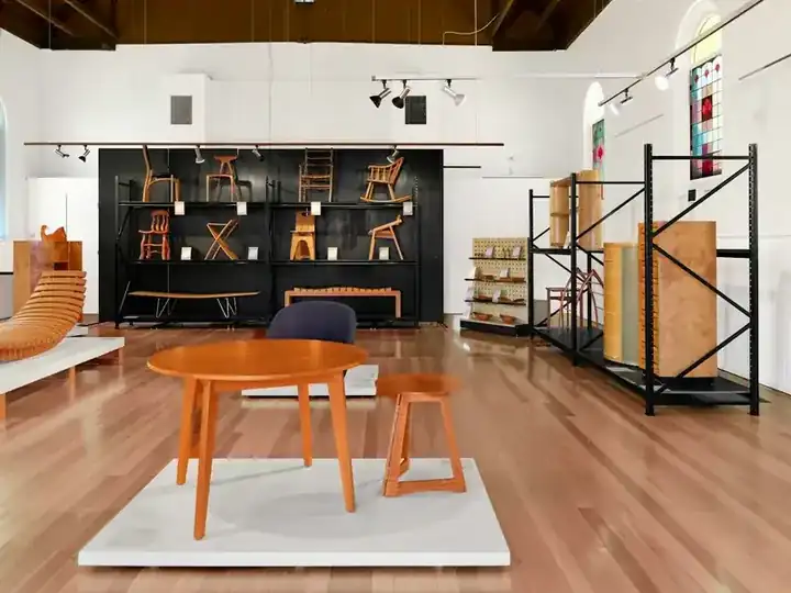 Wooden library shelving and reading tables